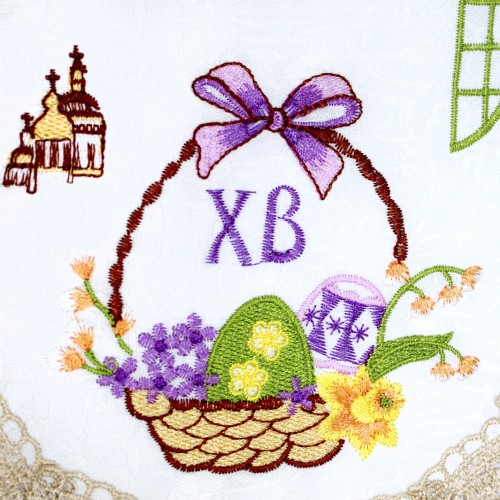 Великодня серветка "Крашанки в кошику" овал. 48х31см кремовий обідок №0008