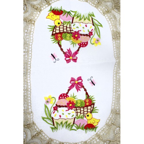 Великодня серветка "Паска з крашанками в кошику" овальн. 62х44см кремовий обідок №050