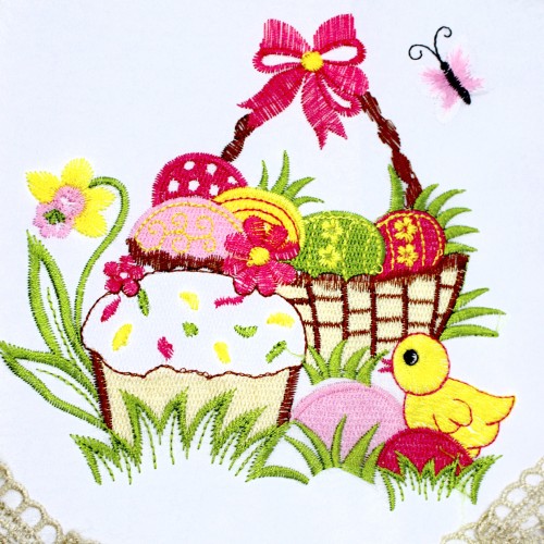 Великодня серветка "Паска з крашанками в кошику" овальн. 62х44см кремовий обідок №050