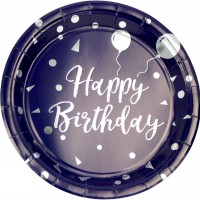 Тарілка паперова, d-230мм,синя Happy birthday срібло(10)