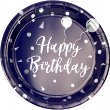 Тарілка паперова, d-230мм,синя Happy birthday срібло(10)