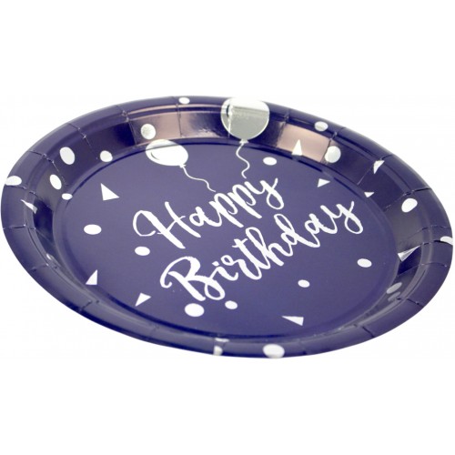 Тарілка паперова, d-230мм,синя Happy birthday срібло(10)
