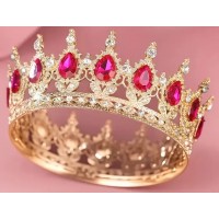 Корона метал. з піками,золото з камінням фуксія 12,5х5,5см №15451