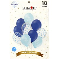  Набор шариков воздушных латексных 12" 30см Happy Birthday голубые, звезды на прозрачном 10 шт Sharoff