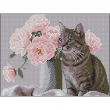 Алмазна мозаїка "Strateg" Кіт з квітами 30х40см №ZAV3040-59