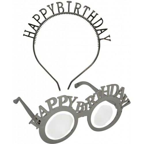 Обруч для волосся та окуляри "Happy birthday" срібло №15110
