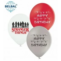 Кулька повітр. латексна 12"/30см "Happy Birthday",Stranger Things червоний,сірий,білий"