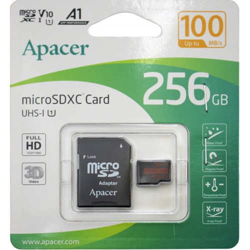 Карта пам`яті 256GB Micro-SDXC(UHS-1) Apacer R-100MB/s (adapter SD) class10