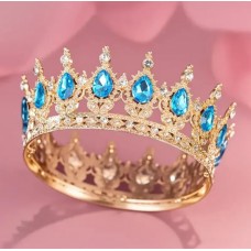 Корона метал. з піками,золото з блакитним камінням 12,5х5,5см
