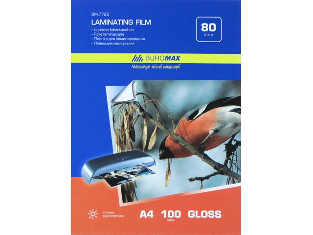 Плівка до ламінатору "Buromax" №7723 А4 80мкм 216х303мм(100)(1000) — фото товару | Канцелярський Сад