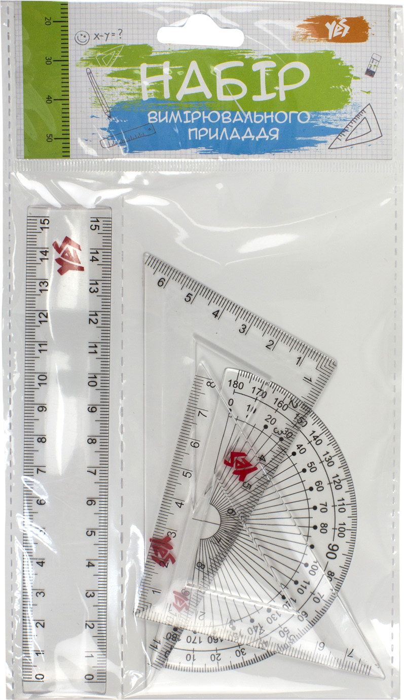 Набір геометричний "1В/Yes" №370263 (4предм.,лінійка 15см)(24)(480) — фото товару | Канцелярський Сад
