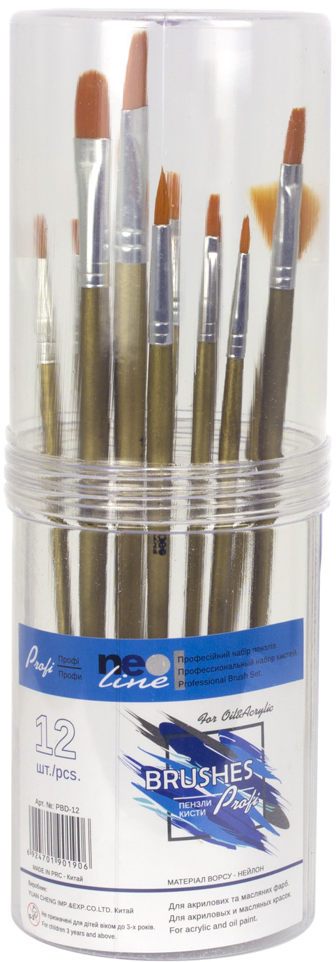 Набір пензлів 12шт "Neo Line" нейлон №PBD-12 (6)(12)(72) — фото товару | Канцелярський Сад