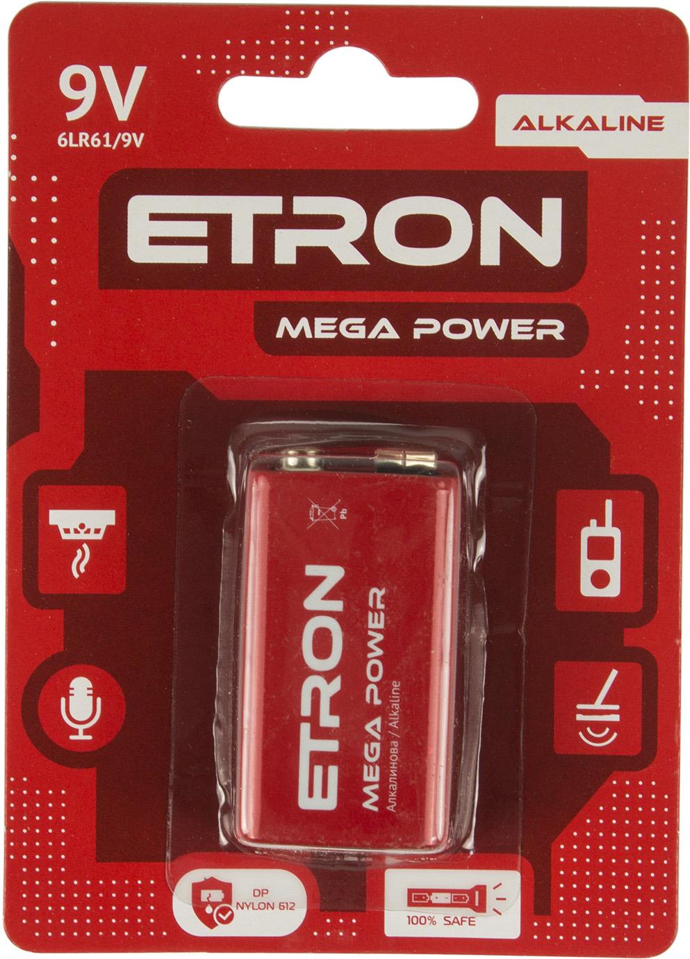 Батарейка Etron Mega Power Алкалайн 6LR61/1bl 9V крона(12) — фото товару | Канцелярський Сад