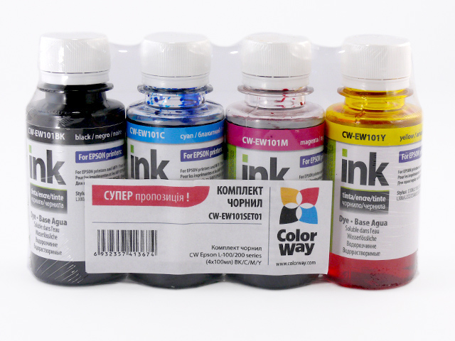 Чорнило к-кт ColorWay Epson L-100/200 series 4х100мл black,cyan,magenta,yellow (22) — фото товару | Канцелярський Сад