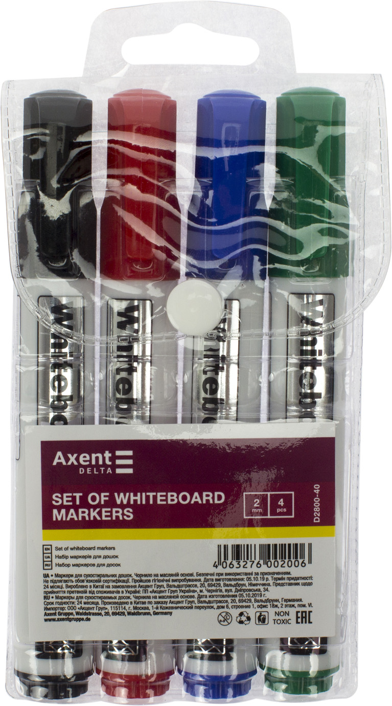 Набір маркерів "Axent" №D2800-40 круг. Whiteboard (4шт) 2 мм(12) — фото товару | Канцелярський Сад