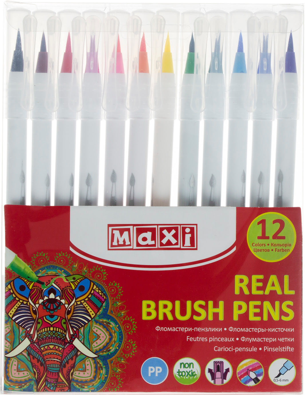 Фломастери-пензлики "Maxi" 12кольор. Real Brush №MX15232(24)(144) — фото товару | Канцелярський Сад