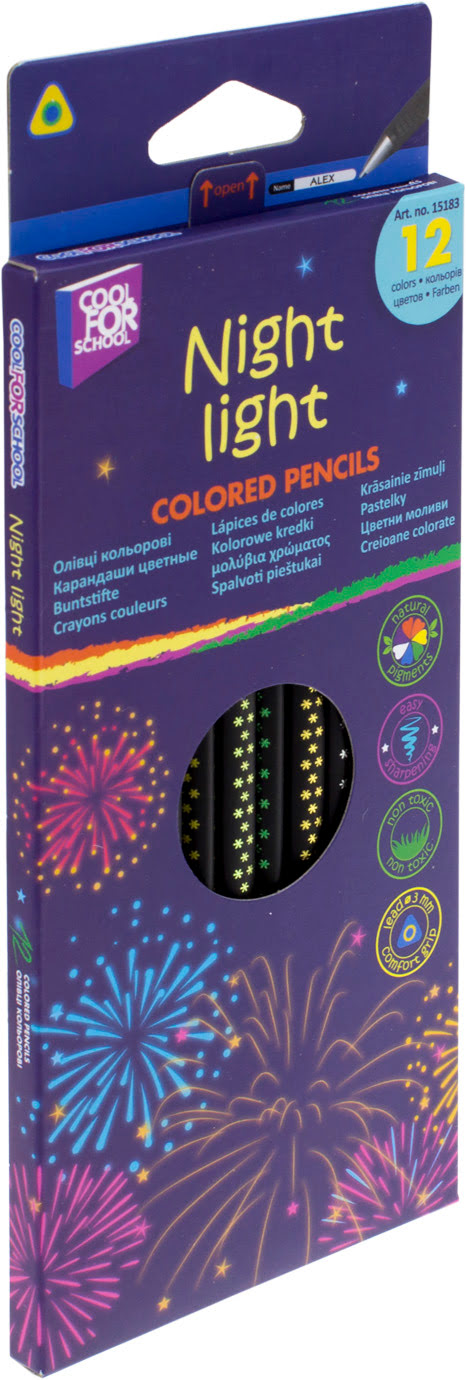 Олівці кольор. 12 кольор. "CoolForSchool" №CF15183 Night light тригран., в кор-ці(12) — фото товару | Канцелярський Сад