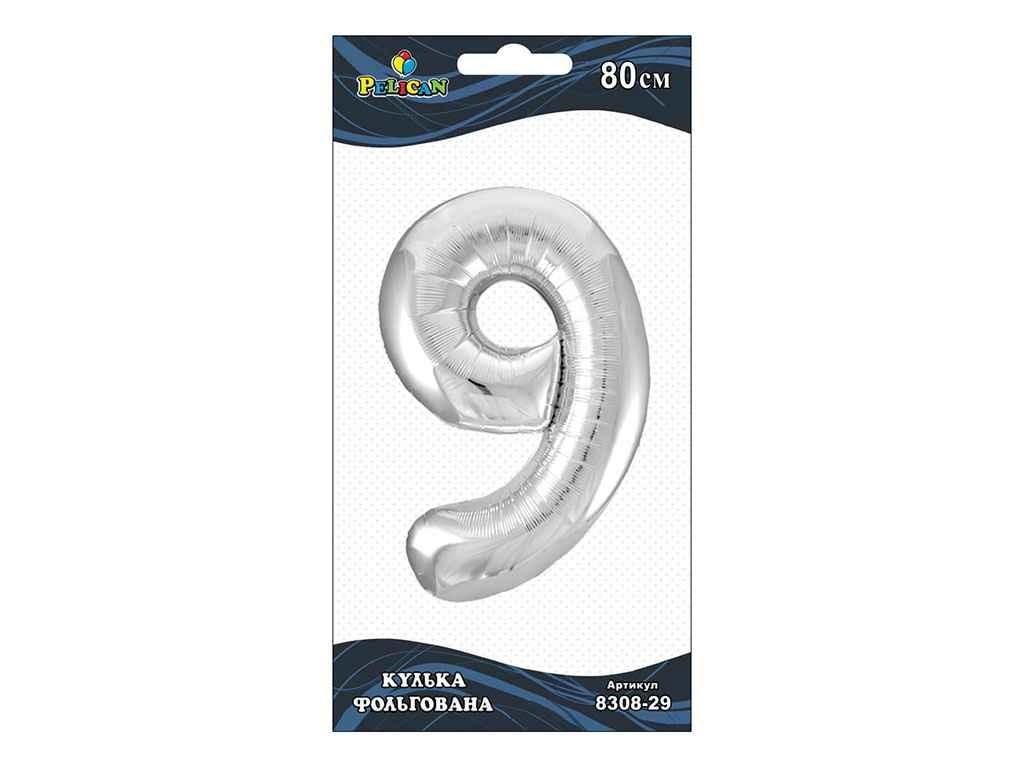 Кулька повітр. фольгована "Цифра-9" 80см срібло №830829/Pelican/(1)(5)(20) — фото товару | Канцелярський Сад