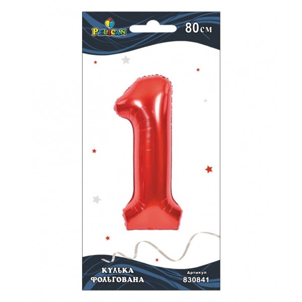 Кулька повітр. фольгована "Цифра-1" 80см червона №830841/Pelican/(1)(5) — фото товару | Канцелярський Сад
