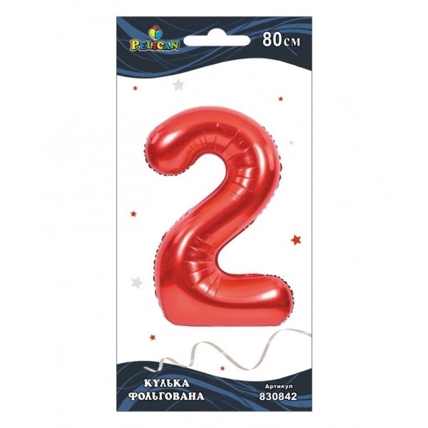 Кулька повітр. фольгована "Цифра-2" 80см червона №830842/Pelican/(1)(10)(20) — фото товару | Канцелярський Сад