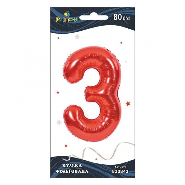 Кулька повітр. фольгована "Цифра-3" 80см червона №830843/Pelican/(1)(10)(20) — фото товару | Канцелярський Сад