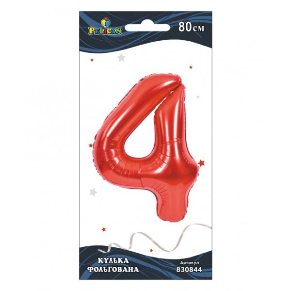 Кулька повітр. фольгована "Цифра-4" 80см червона №830844/Pelican/(1)(5)(10) — фото товару | Канцелярський Сад