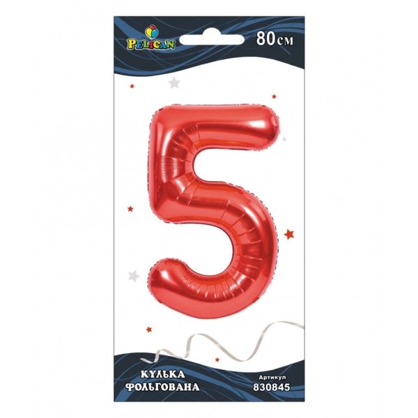 Кулька повітр. фольгована "Цифра-5" 80см червона №830845/Pelican/(1)(5)(10)(20) — фото товару | Канцелярський Сад