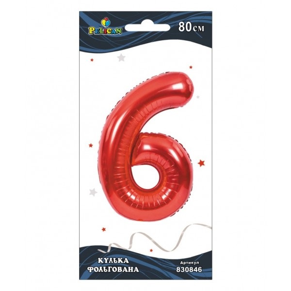 Кулька повітр. фольгована "Цифра-6" 80см червона №830846/Pelican/(1)(5)(10)(20) — фото товару | Канцелярський Сад