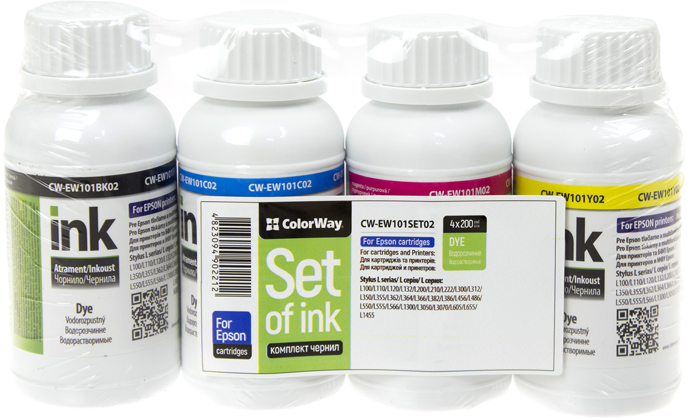 Чорнило к-кт ColorWay Epson L-100/200 series 4х200мл black,cyan,magenta,yellow (15) — фото товару | Канцелярський Сад