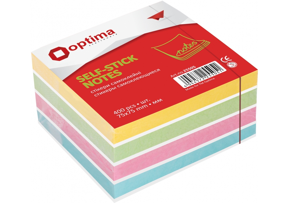 Блок/зам. липк. краєм 75х75мм 400арк. 4кольор. "Optima" №O25505(12)(96) — фото товару | Канцелярський Сад