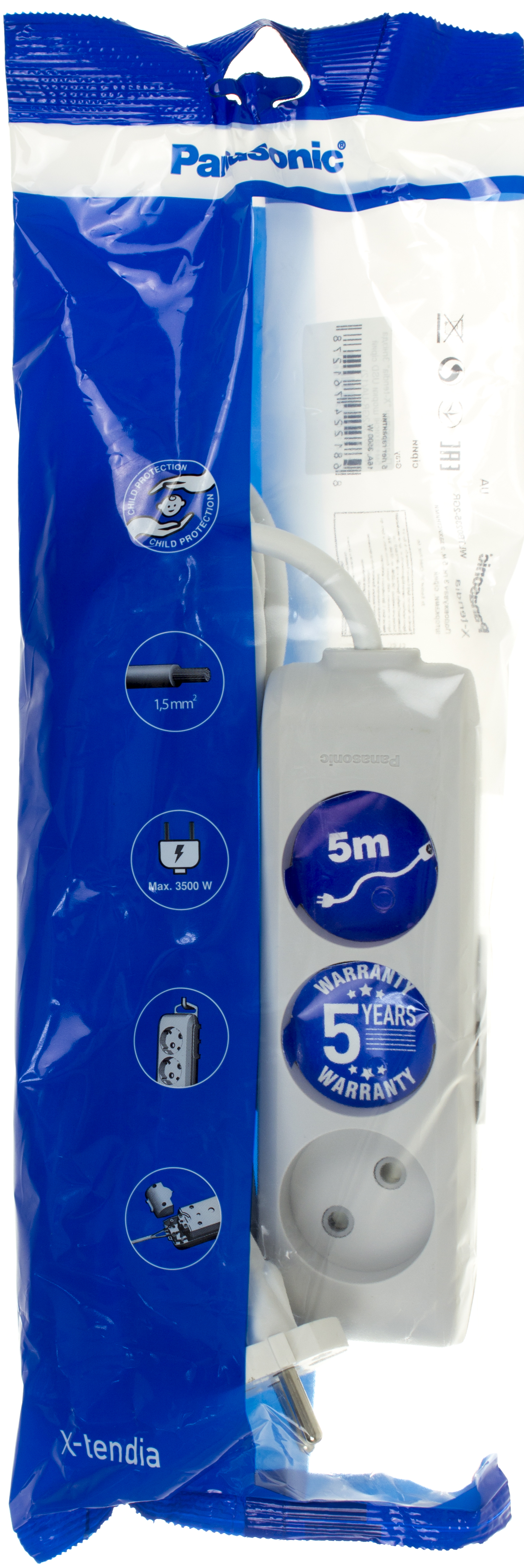 Подовжувач "Panasonic" 3гнізда 5м захисні шторки 16A сірий №TB02352GR-UA(12) — фото товару | Канцелярський Сад