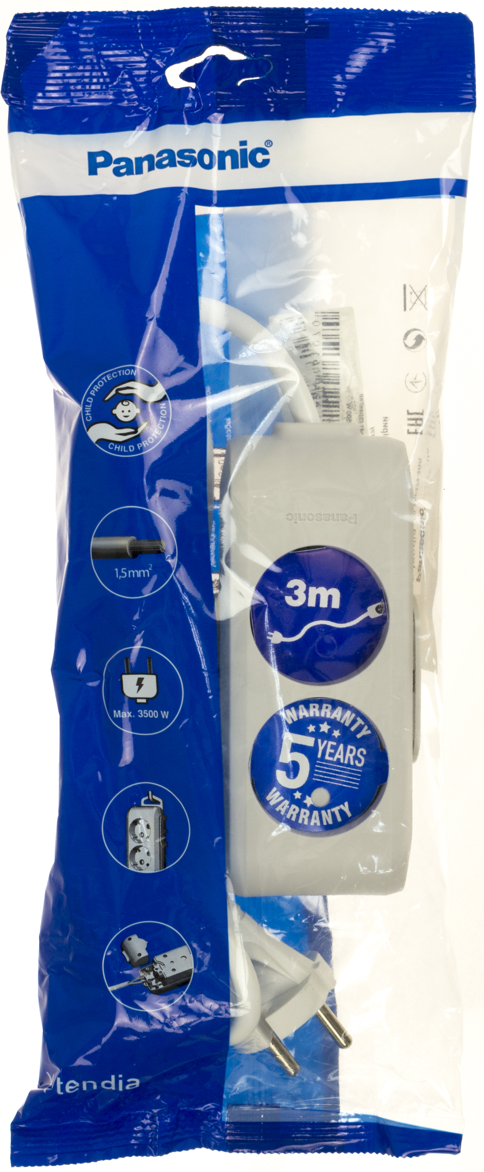 Подовжувач "Panasonic" 2гнізда 3м захисні шторки 16A сірий №WLTB0223-2GR(12) — фото товару | Канцелярський Сад