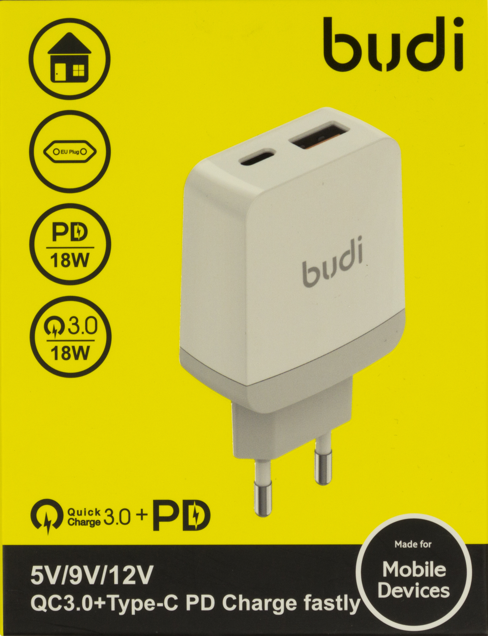 Зарядний пристрій Budi USB/Type-C швидка зарядка 18W №AC940VEW white/Breidon/ — фото товару | Канцелярський Сад