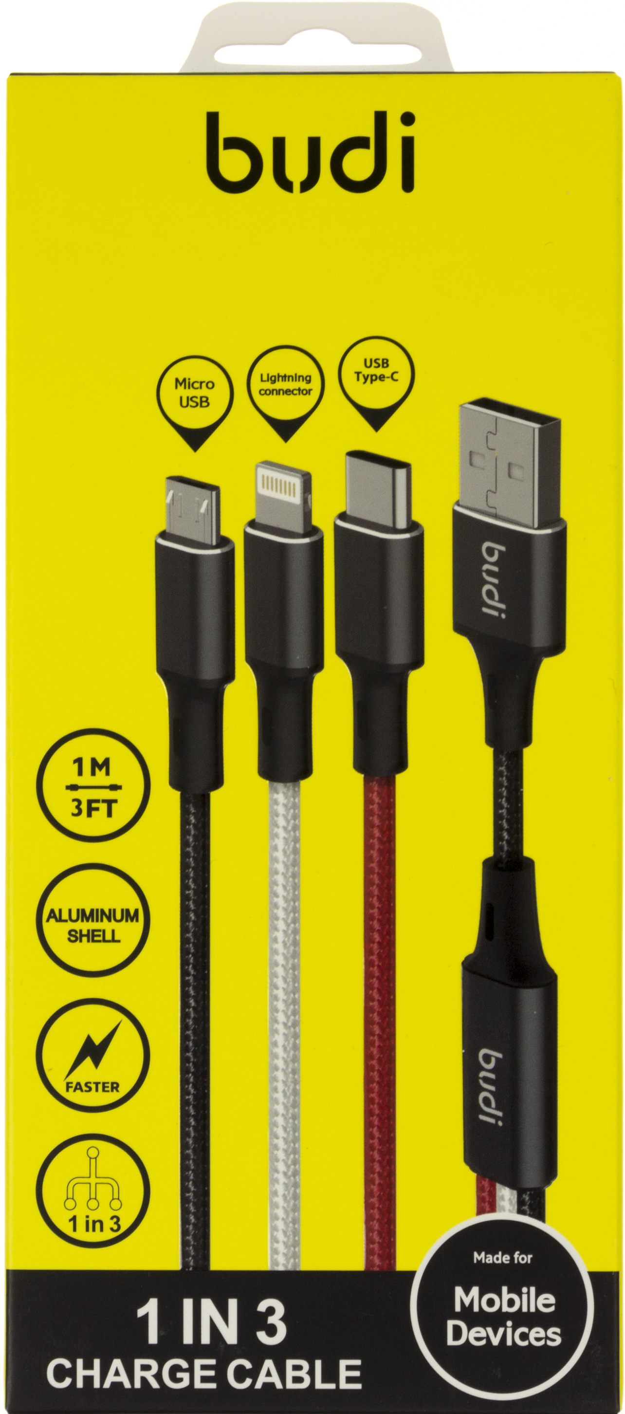 Кабель USB > lightning + Type-C + microUSB Budi №DC203A2-BLK 3в1 1m color/Breidon/ — купити | Канцелярський Сад