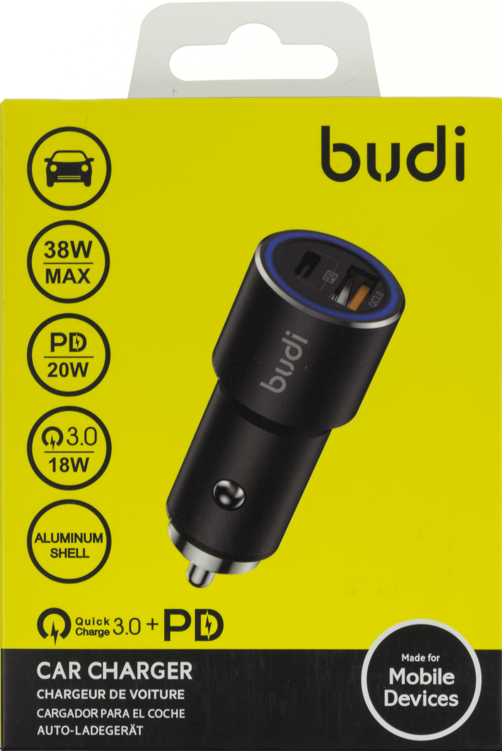 Зарядний пристрій авто Budi №CC628TQB швидка зарядка 1USB+Type-C 38W black/Breidon/ — фото товару | Канцелярський Сад