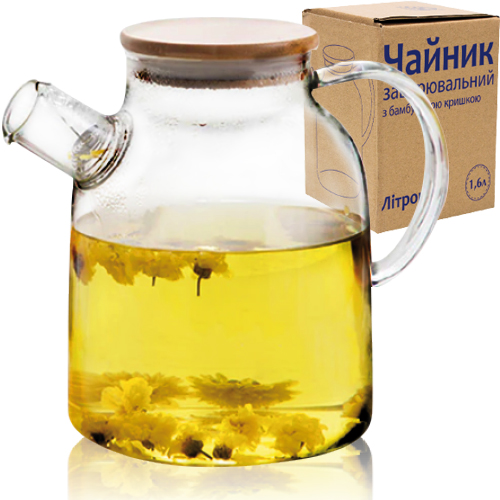 Заварник для чаю скло 1600мл "Літрон" з бамбуковою кришкою №32236/S&T/(12) — купити | Канцелярський Сад