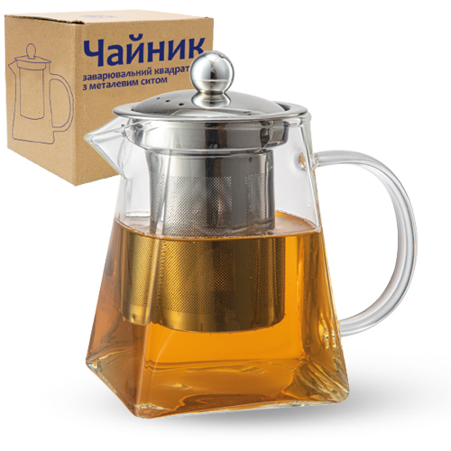 Заварник для чаю скло квадратн. 600мл з металевим ситом №32239/S&T/(12) — фото товару | Канцелярський Сад