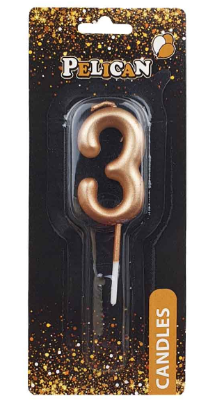 Свічка в торт "Цифра-3" золото 4,5см №864513/Pelican/(1)(12)(100)(800) — фото товару | Канцелярський Сад