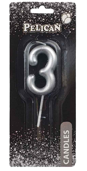 Свічка в торт "Цифра-3" срібло 4,5см №864523/Pelican/(1)(100)(800) — фото товару | Канцелярський Сад