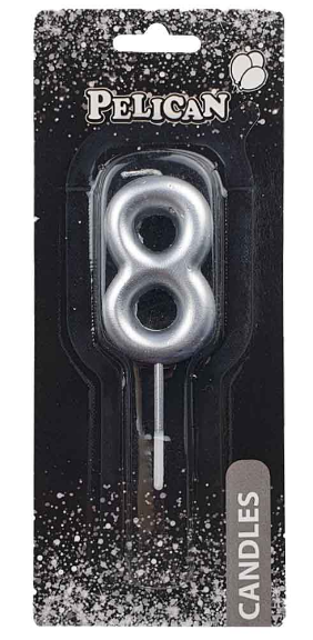 Свічка в торт "Цифра-8" срібло 4,5см №864528/Pelican/(1)(12)(100)(800) — фото товару | Канцелярський Сад