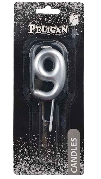 Свічка в торт "Цифра-9" срібло 4,5см №864529/Pelican/(1)(12)(100)(800) — фото товару | Канцелярський Сад
