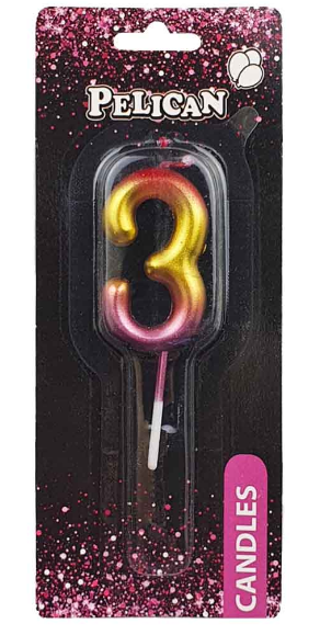 Свічка в торт "Цифра-3" райдужна 4,5см №864563/Pelican/(1)(12)(100)(800) — купити | Канцелярський Сад