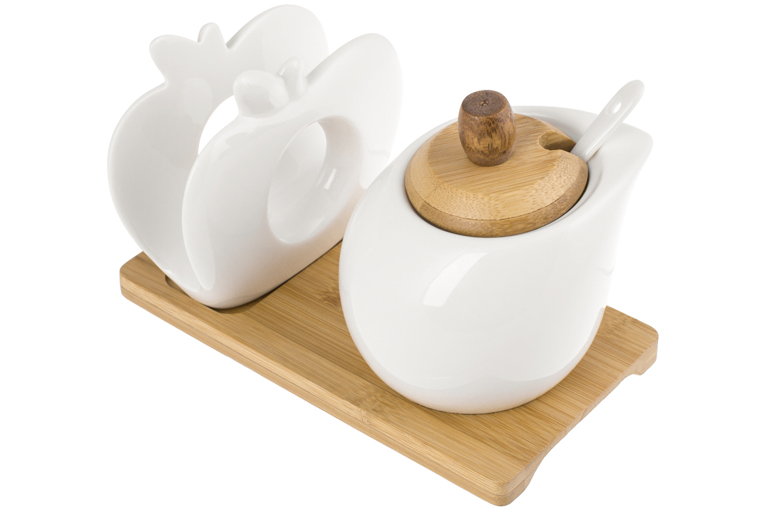 Набір ємностей керам. 3шт цукорн. з ложкою+серветниця,на бамбук. підставці №375-412/Bonadi — фото товару | Канцелярський Сад