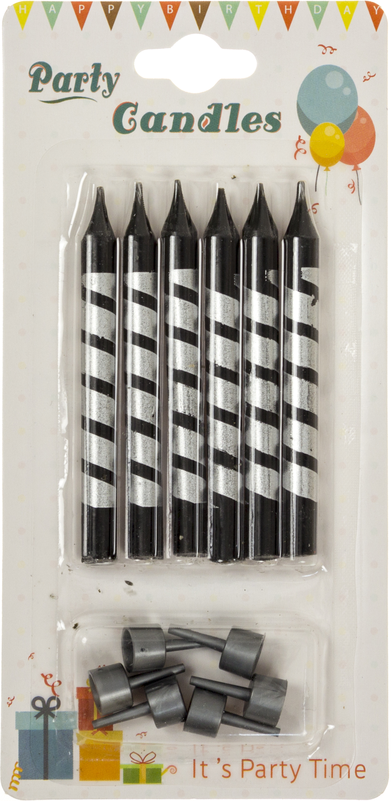 Свічка в торт 6шт+6підсв. "Чорна зі смужкою" срібло №1482(24) — фото товару | Канцелярський Сад