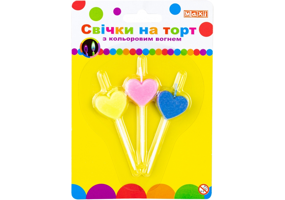 Набір свічок в торт "Hearts" 3шт з кольор. вогнем №MX620225-3сt/Maxi/(24) — купити | Канцелярський Сад