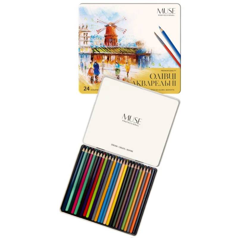 Олівці кольор. аквар. 24 кольор. "Muse" №103M-24 з пензликом та точилкою,метал. кор-ка(10) — фото товару | Канцелярський Сад