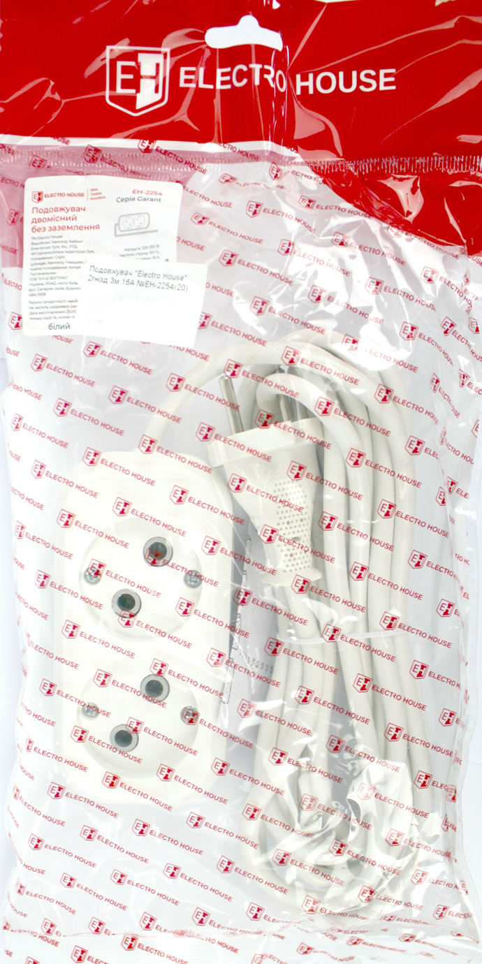 Подовжувач "Electro House" 2гнізд 3м 16A №EH-2254(20) — фото товару | Канцелярський Сад