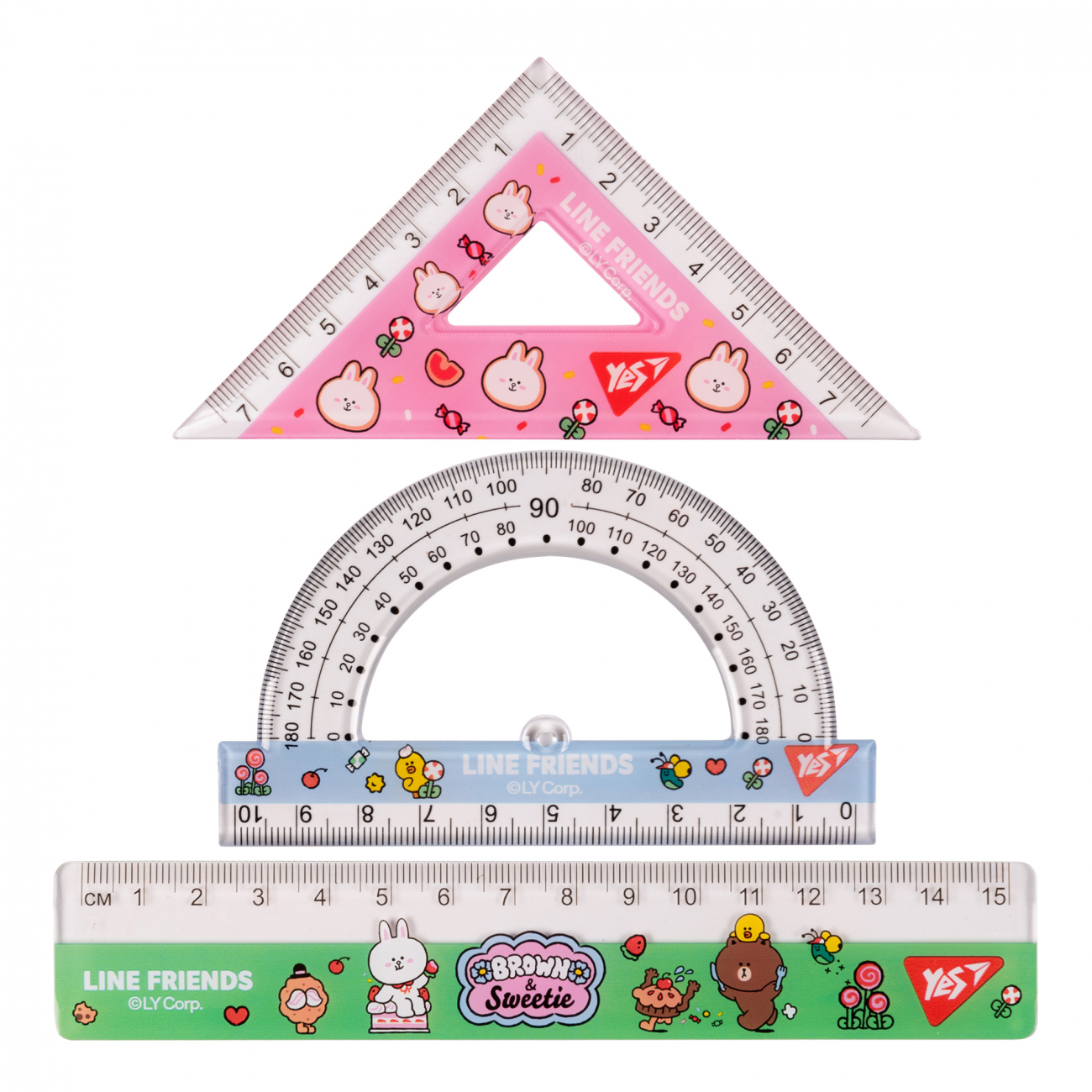 Набір геометричний "Yes" Line friends №370676 (3предм.,лінійка 15см)(25) — фото товару | Канцелярський Сад