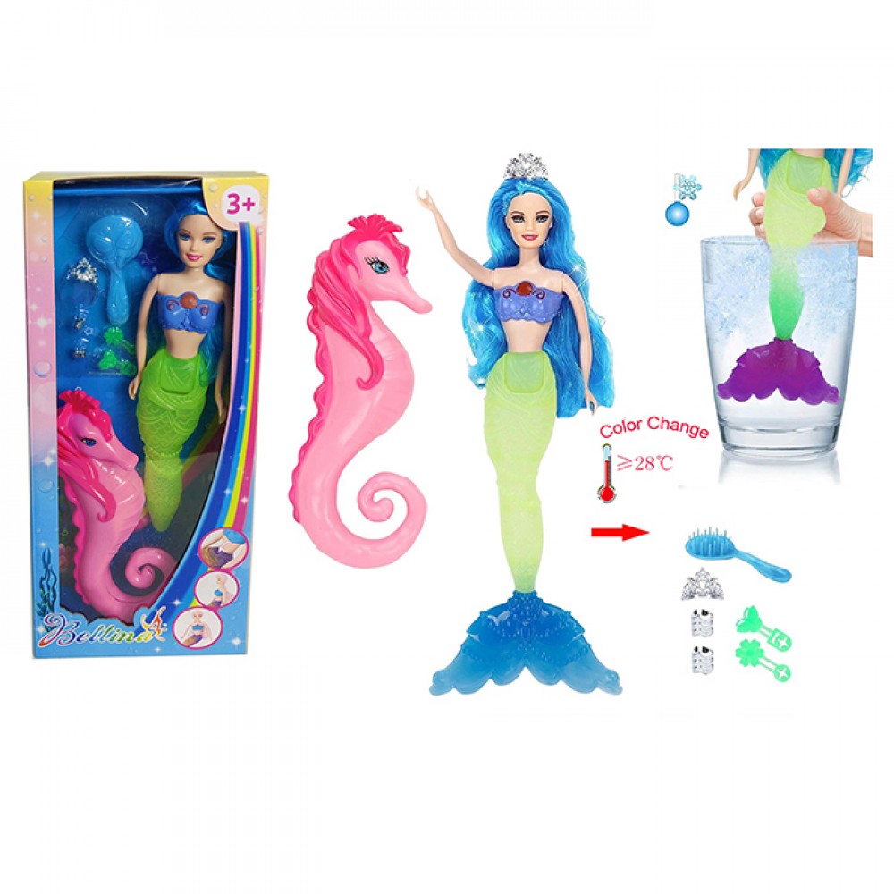 Лялька "Русалонька" 33см,хвіст змінює колір,аксес.,морський коник 20см,в кор-ці15,5х36х6см — фото товару | Канцелярський Сад