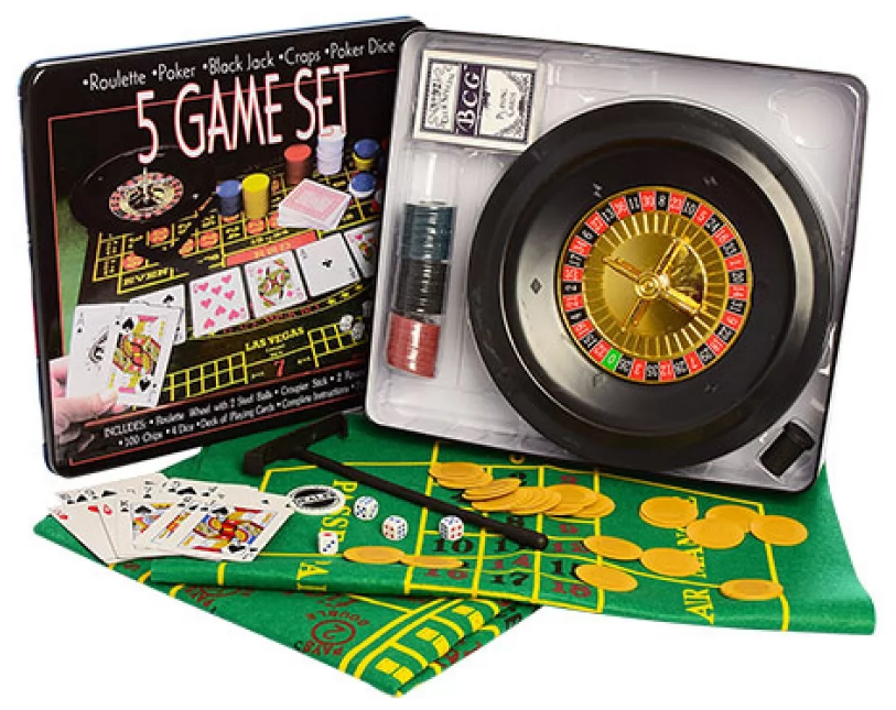 Гра наст. "Покер" 5в1,рулетка,фішки,карти,кубики,сукно 2шт,в кор-ці (метал) №D25354(8) — фото товару | Канцелярський Сад